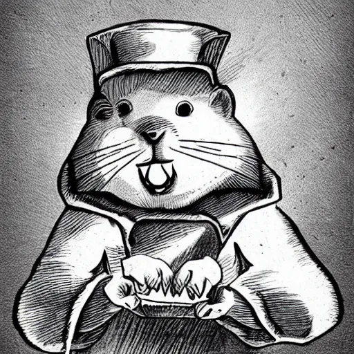 Prompt: a hamster with an evil face, working in a butcher shop, holds knives in his hands. drawing. front view.