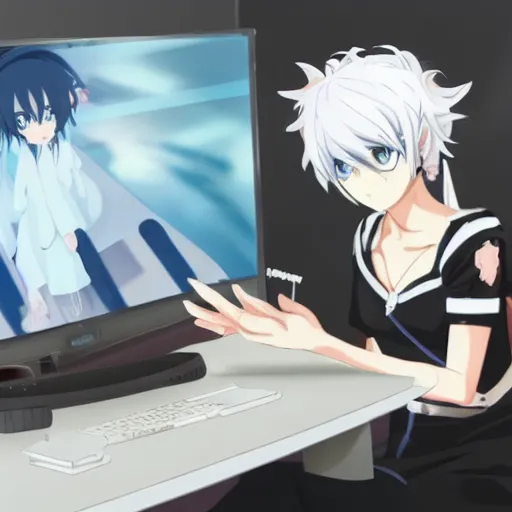 Image similar to an anime girl with white hair, polar bear ears, and an open, black coat playing a video game. drawn in an anime art style
