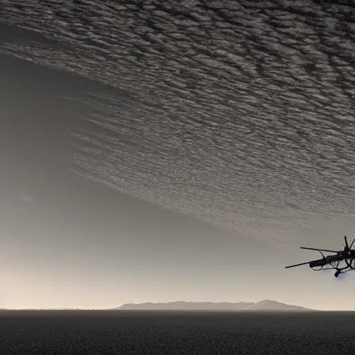 Prompt: photography of futuristic helicopter, salt lake flats, black trees, cinematography by roger deakins