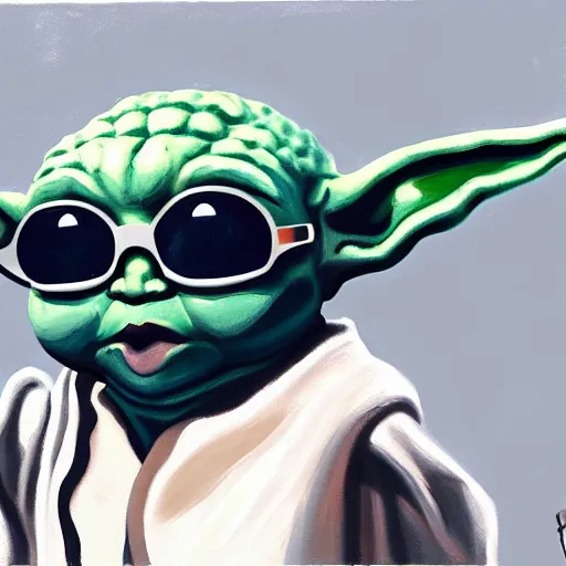 a painting of baby yoda wearing sunglasses holding a Stable Diffusion