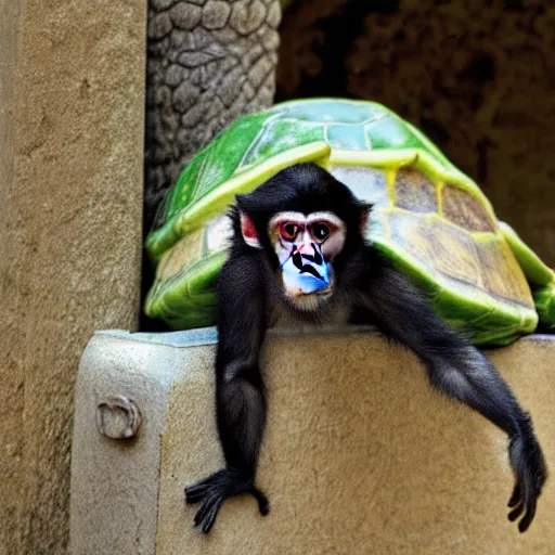 Image similar to a monkey sitting on the back of a turtle