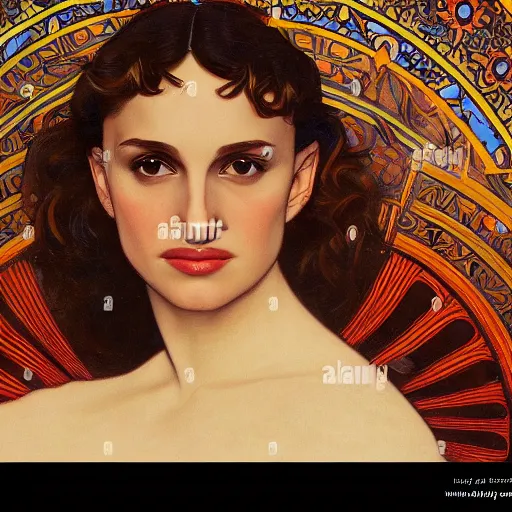 Image similar to a closeup portrait of a young natalie portman, art nouveau, jugendstil, decorative background, spirals, painted by alphonse mucha