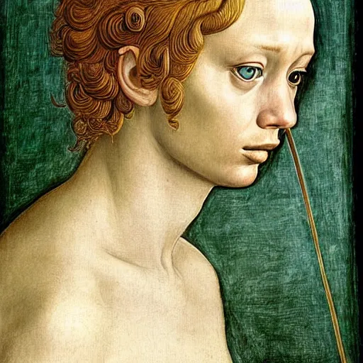 Image similar to jennifer lawrence as gollum, elegant portrait by sandro botticelli, detailed, symmetrical, intricate