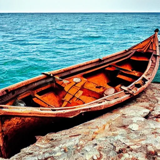 Prompt: a boat on the seas, the sea is made of metal and rock but still works like water, tell a story, surprise me