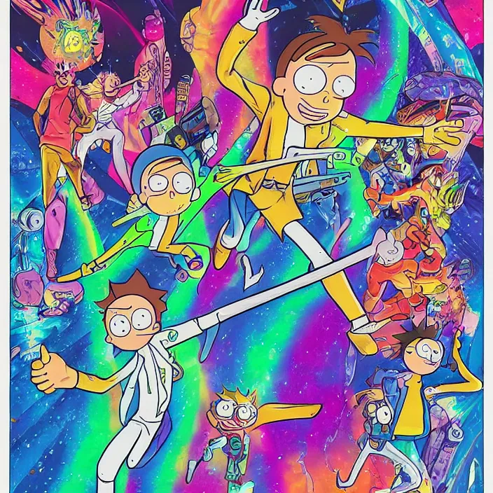 Image similar to Michael J. Fox as Morty Smith from Rick and Morty by Noriyoshi Ohrai and Lisa Frank, inking, full color