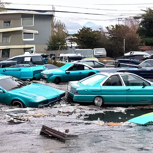 Image similar to a photo of a tsunami sweeping away buildings and early 2 0 0 0 s and 1 9 9 0 s cars as well as 1 9 7 0 s and 5 0 s cars and debris is in the water, water is unnaturally clear and teal.