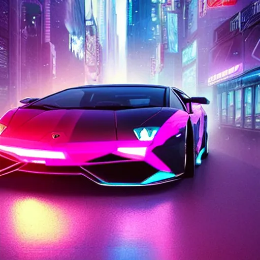 Prompt: an establishing long shot of a futuristic lamborghini supercar with neon borders on body, flying in the air in a cyberpunk city at night, hologram ads and neon signs on building rooftops, rainy environment, 8 k, hyper detailed, ultra realistic, sharp focus, in the style of blade runner