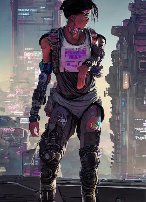 Image similar to sonya. apex legends cyberpunk weight lifter. concept art by james gurney and mœbius. cinematic, dramatic lighting ( cyberpunk 2 0 7 7 ), clean aesthetic