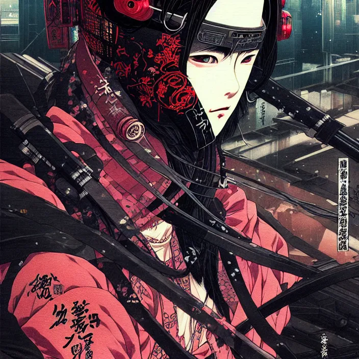 Image similar to a beautiful ukiyo painting of cyberpunk ninja, wearing cyberpunk streetwear, detailed close up portrait, concept art, by takato yamamoto, wlop, krenz cushart. cinematic dramatic atmosphere, sharp focus