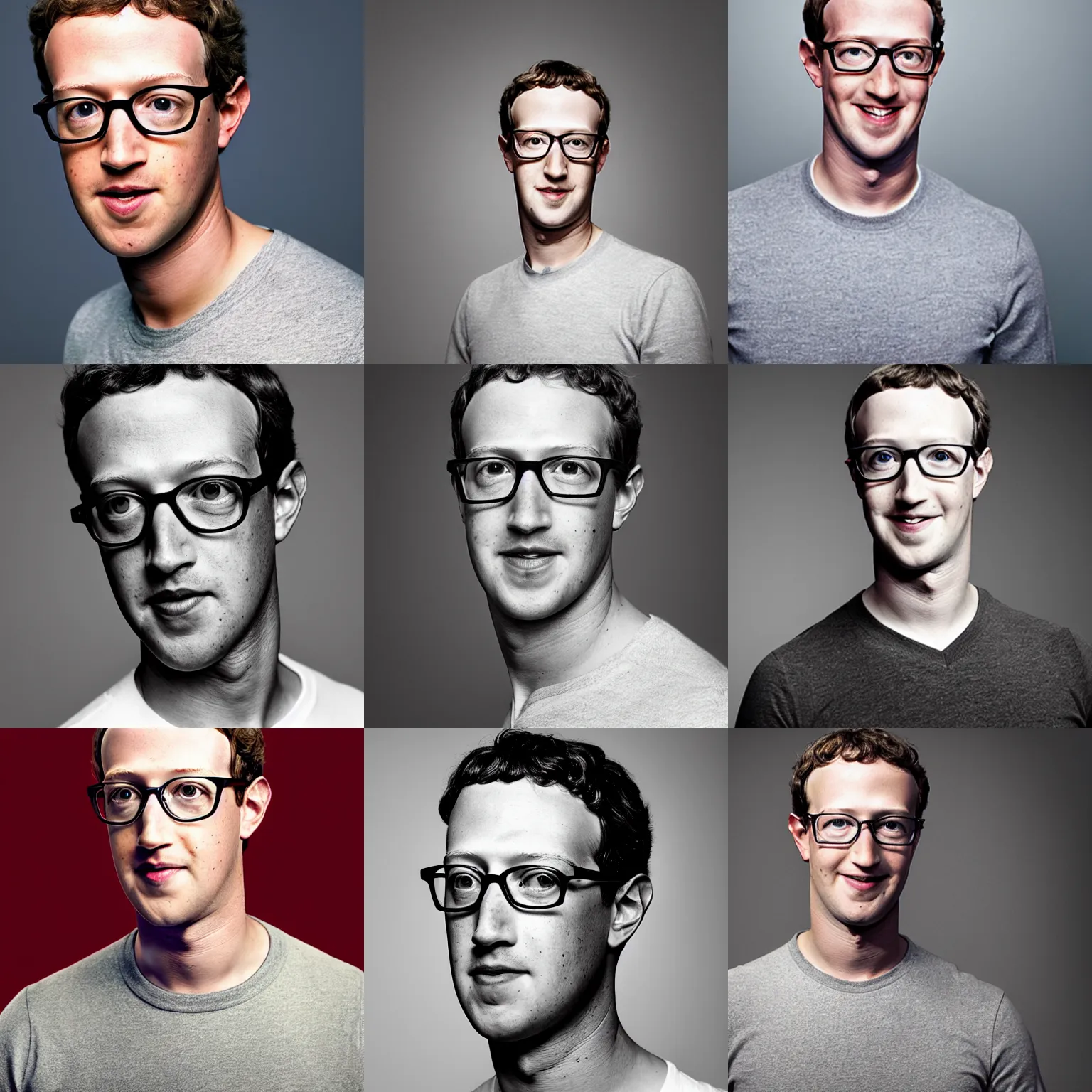 Prompt: Photo of Mark Zuckerberg wearing Warby Parker glasses, soft studio lighting, photo taken by Martin Schoeller for Abercrombie and Fitch, award-winning photo, 24mm f/1.4