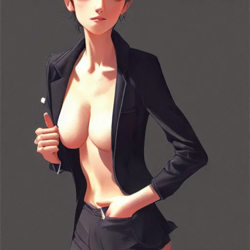 Image similar to cute beautiful girl in jacket suit over bare skin, elegant, 2d, ultra highly detailed, digital painting, smooth, sharp focus, artstation, pixiv, art by Ilya Kuvshinov