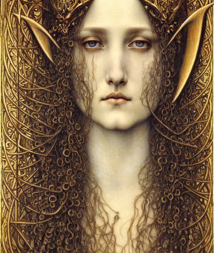 Image similar to detailed realistic beautiful young medieval queen face portrait by jean delville, gustave dore and marco mazzoni, art nouveau, symbolist, visionary, gothic, pre - raphaelite. horizontal symmetry