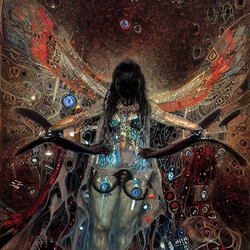 Image similar to winged cyberpunk demoness trapped in circuitry, intricate detail, miro, royo, whealan, klimt,