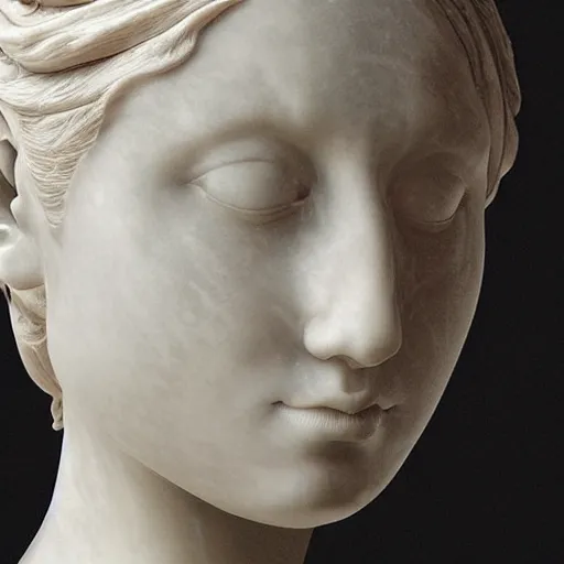 Image similar to “a delicate renaissance marble sculpture of a !female !!face , covered with water veil, highly detailed !!!transparent marble cloth, gi, global illumination, physically based rendering, photorealistic, top light , dark background”