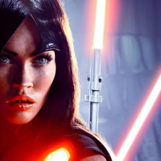 Prompt: first shot of megan fox fighting darth vader in star wars reboot, ( eos 5 ds r, iso 1 0 0, f / 8, 1 / 1 2 5, 8 4 mm, postprocessed, crisp face, facial features )