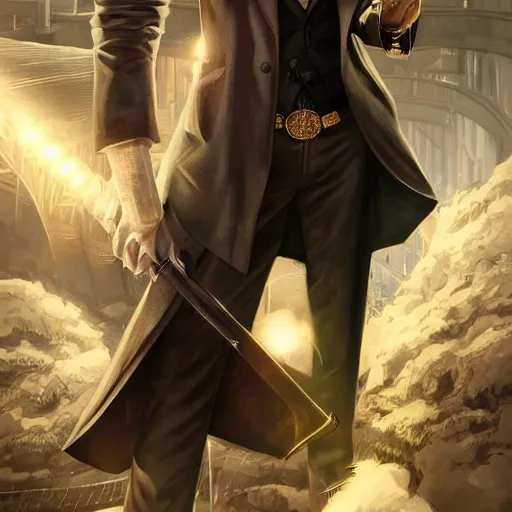 Image similar to reginald hargreeves with a cane and a revolver, wearing a pocket watch, cyber punk setting, time travel deep focus, turnaround, fantasy, intricate, elegant, highly detailed, digital painting, artstation, concept art, matte, sharp focus, illustration, art by artgerm and greg rutkowski