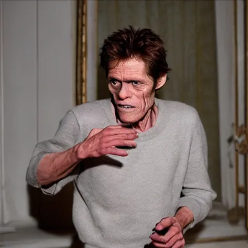 Prompt: willem dafoe silently entering a red bedroom