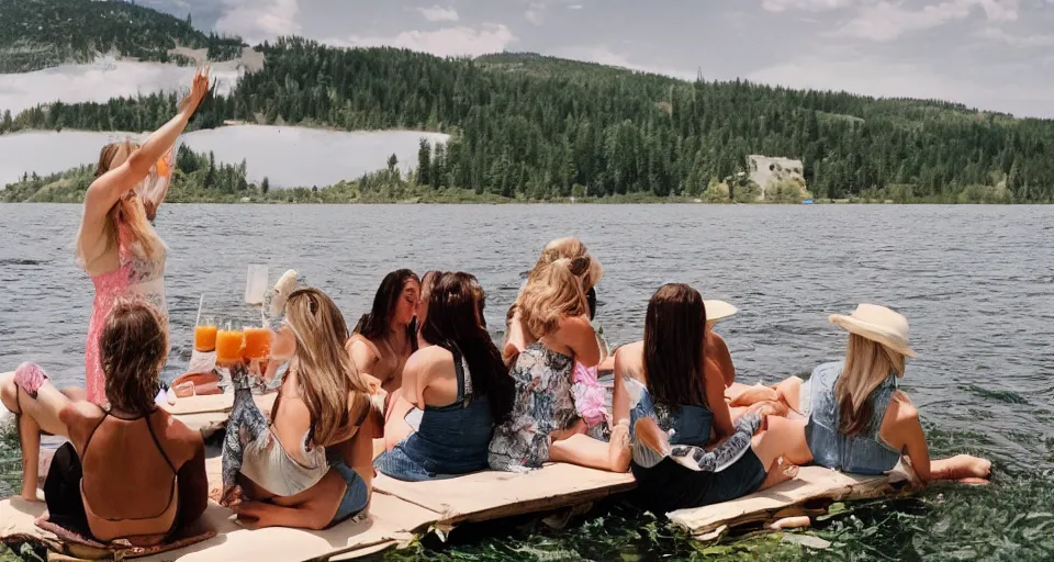 Image similar to storyboard of girls weekend on a lake, mimosas