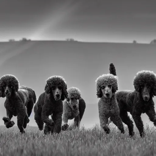 Image similar to poodles running through a field, dramatic cinematic lighting