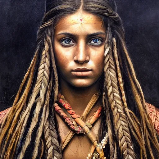 Prompt: stunning, breathtaking, awe - inspiring award - winning concept art portrait painting by steve mccurry of a beautiful young hindu woman warrior with long braided hair, in armor