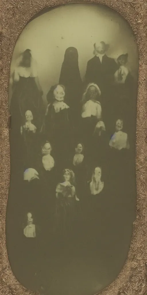 Image similar to spirit group photography with glowing bulbous ectoplasm, scary shadow people, sleep paralysis demon, 1 9 0 0 s, slimer, invoke fear and dread, old photograph, daguerreotype