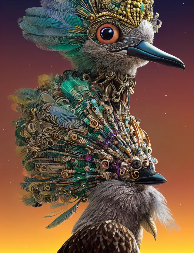 Prompt: 3 d goddess wide angle portrait with feathers, fur, and bones. beautiful intricately detailed kookaburra mask and retrowave sorceress outfit. lizard scales, reflective chitin, optical mineralogy, songlines, plasma, creature, artwork by tooth wu and android jones wlop and android jones and beeple and greg rutkowski