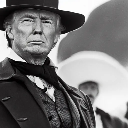 Image similar to an 1 8 0 0 s photo of donald trump playing the role of clint eastwood, squinting at high noon, in the style of a clint eastwood movie, the good, the bad and the ugly, clint eastwood, vibe, donald trump, glory days, mount rushmore, stern, resolve, formal, justice, american flag, independence, patriotism