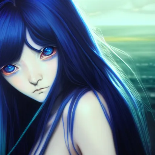 Image similar to long blue - haired girl with bangs gothic anime character with ( amber irises ) noir, screenshot, anime, sharp focus, intricate, illustration, cell shaded, digital painting, highly detailed, concept art, matte, art by ilya kuvshinov, wlop, and greg rutkowski, studio quality, james jean, artem demura