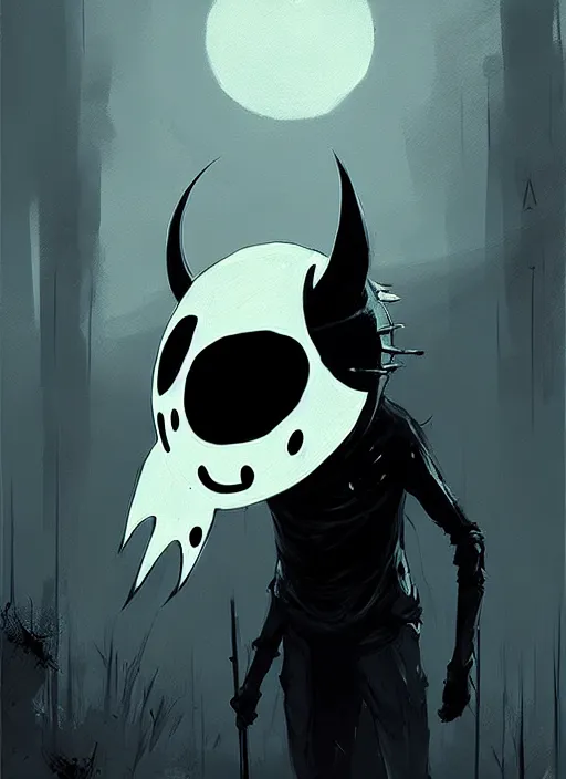 Prompt: horror art, hollow knight mask by ismail inceoglu