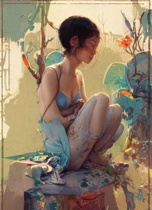 Image similar to beautiful fantasy painting of a chill Hiphop summer day, by Kenne Gregoire, James Jean, Tran Nguyen, WLOP, Jakub Rebelka. trending on Artstation, 8k, masterpiece, face enhance, graffiti paint, fine detail, full of color, intricate detail, golden ratio illustration