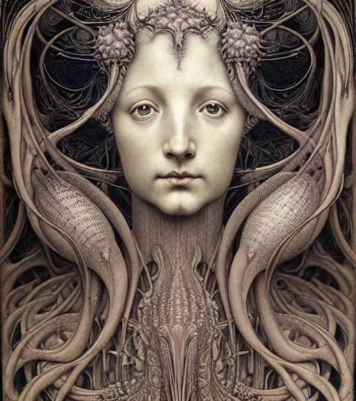 Image similar to detailed realistic beautiful poppy goddess face portrait by jean delville, gustave dore, iris van herpen and marco mazzoni, art forms of nature by ernst haeckel, art nouveau, symbolist, visionary, gothic, neo - gothic, pre - raphaelite, fractal lace, intricate alien botanicals, ai biodiversity, surreality, hyperdetailed ultrasharp octane render