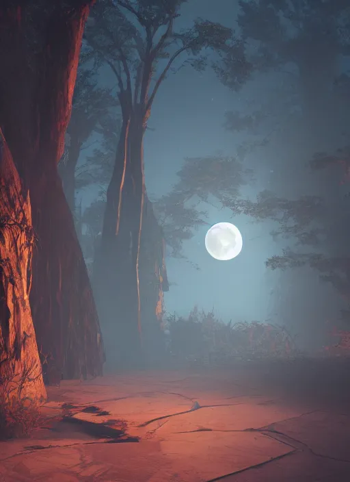 Image similar to dusky secret gateway on a spooky biome, foggs, full moon, behance, artstation, unreal render, unreal engine 5, octane, smooth, 8k