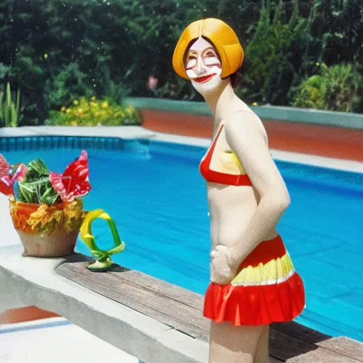 Image similar to a woman wearing a long nose in a swimming pool live-action childrens television show 1974 technicolor