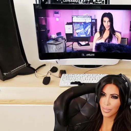 Prompt: live still of kim kardashian as a twitch streamer, gaming room,