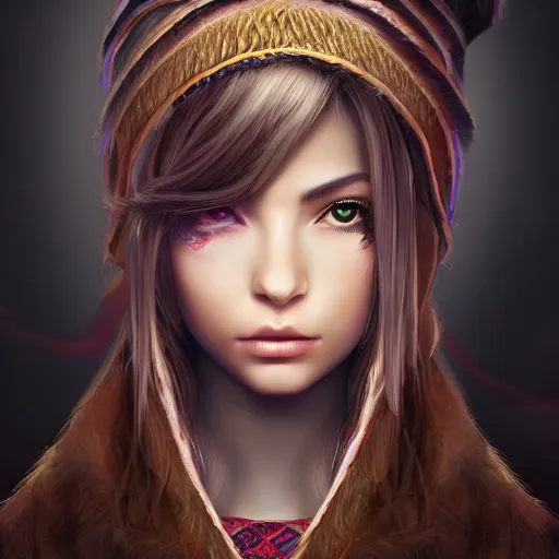 Image similar to portait ibtissam ittouchane, centred, very long hair, hd, unreal engine, art painting, final fantasy style, amazing background theme