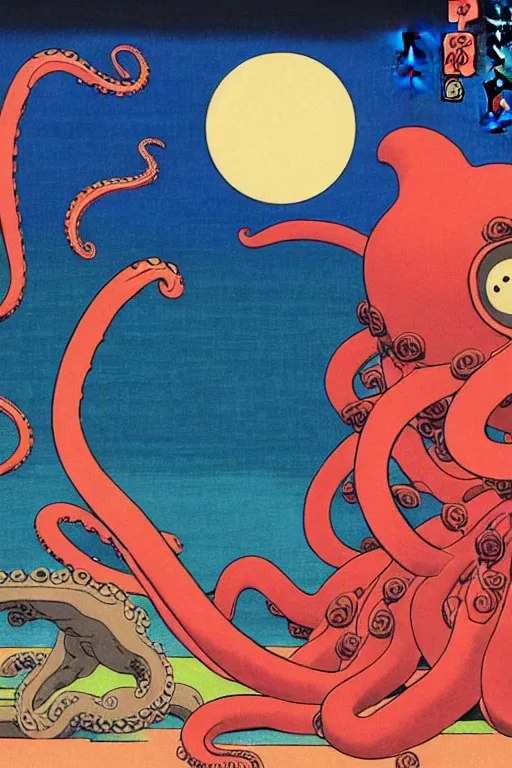 Prompt: the monkey and the octopus are best friends, photoillustration ink drawing acrylic art digital illustration oil on canvas photorealistic polished sci - fi ukiyo - e david rios ferreira filmic stock photo landscape polished photorealistic, by kawase hasui, moebius and edward hopper, vivid bright light, colorful flat surreal design, hd, 4 k, artstation