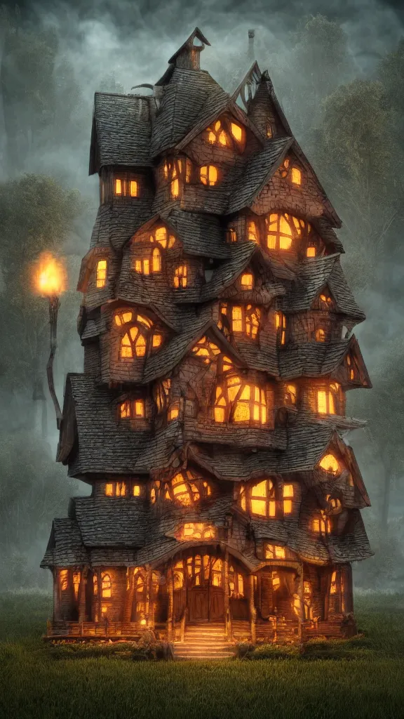 Image similar to fabricate an old witch house in style of wizard of oz, lots of smoke, gloomy, soft yellow red, atmosphere, rooftop smoking,, cinematic, unreal engine, golden ratio, cosmic horror, realistic, photorealistic. realistic, 8 k octanerender