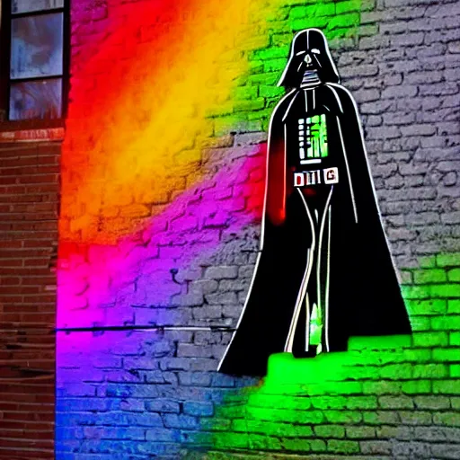 Prompt: a neon rainbow darth vader as grafitti on a brick wall.