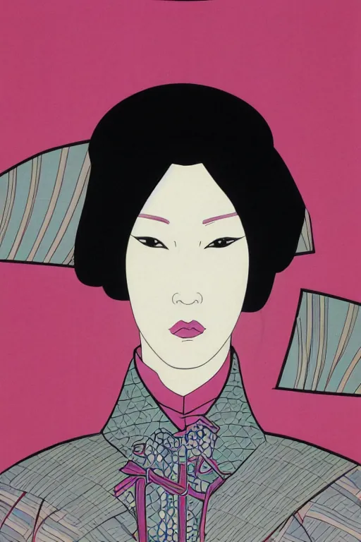 Image similar to 1 9 8 0 s glamour fashion portrait of neo - samurai woman, highly detailed, symmetrical details, flat shading, outlines, by patrick nagel