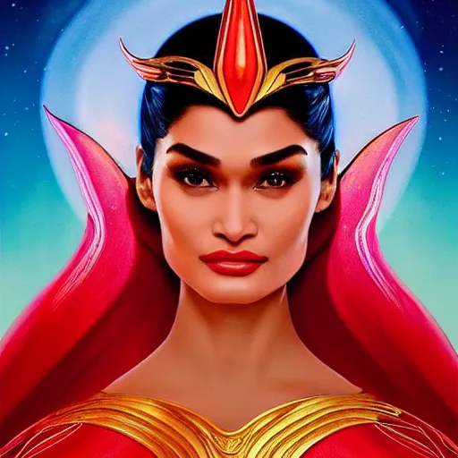 Image similar to pia wurtzbach as darna, volumetric lights, red and cyan theme, art nouveau botanicals, intricate, highly detailed, digital painting, artstation, concept art, smooth, sharp focus, cinematic, illustration, beautiful face, art by artgerm and greg rutkowski and alphonse mucha