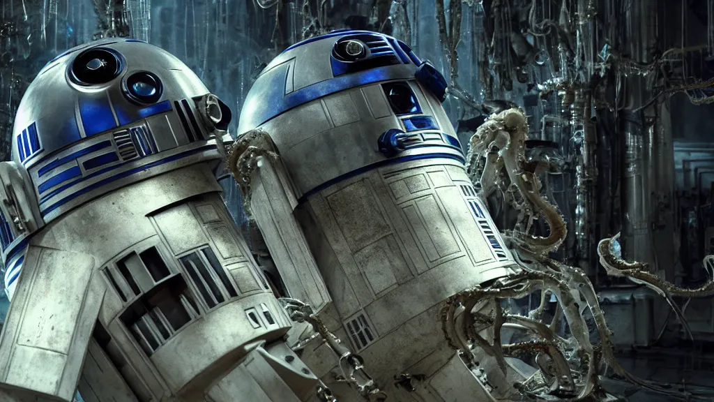 Image similar to r 2 d 2, mixed with an eldritch horror monster, with mechanical tentacles, film still from the movie directed by denis villeneuve with art direction by salvador dali