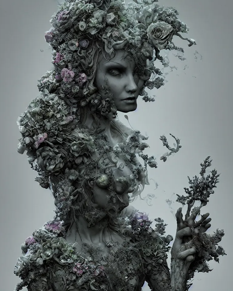 Prompt: portrait of a gothic cemetery statue made of mist and flowers, cosmic horror, mutating into mist, cinematic lightning, Andrew Ferez, Charlie Bowater, Marco Mazzoni, Seb McKinnon, Ryohei Hase, Alberto Seveso, Kim Keever, trending on cgsociety, featured on zbrush central, new sculpture, mystical