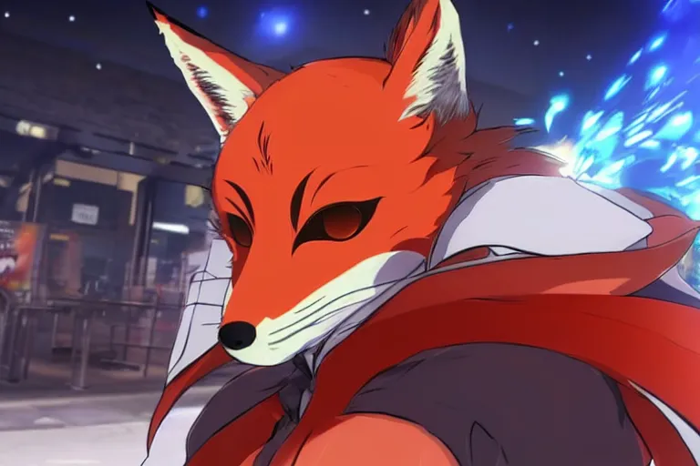 Image similar to a furry tan male fox on a persona 5 : royal ( by atlus ) video game splash screen, a furry male sandcolored tan fox fursona ( has hair ), persona 5 phantom thief style