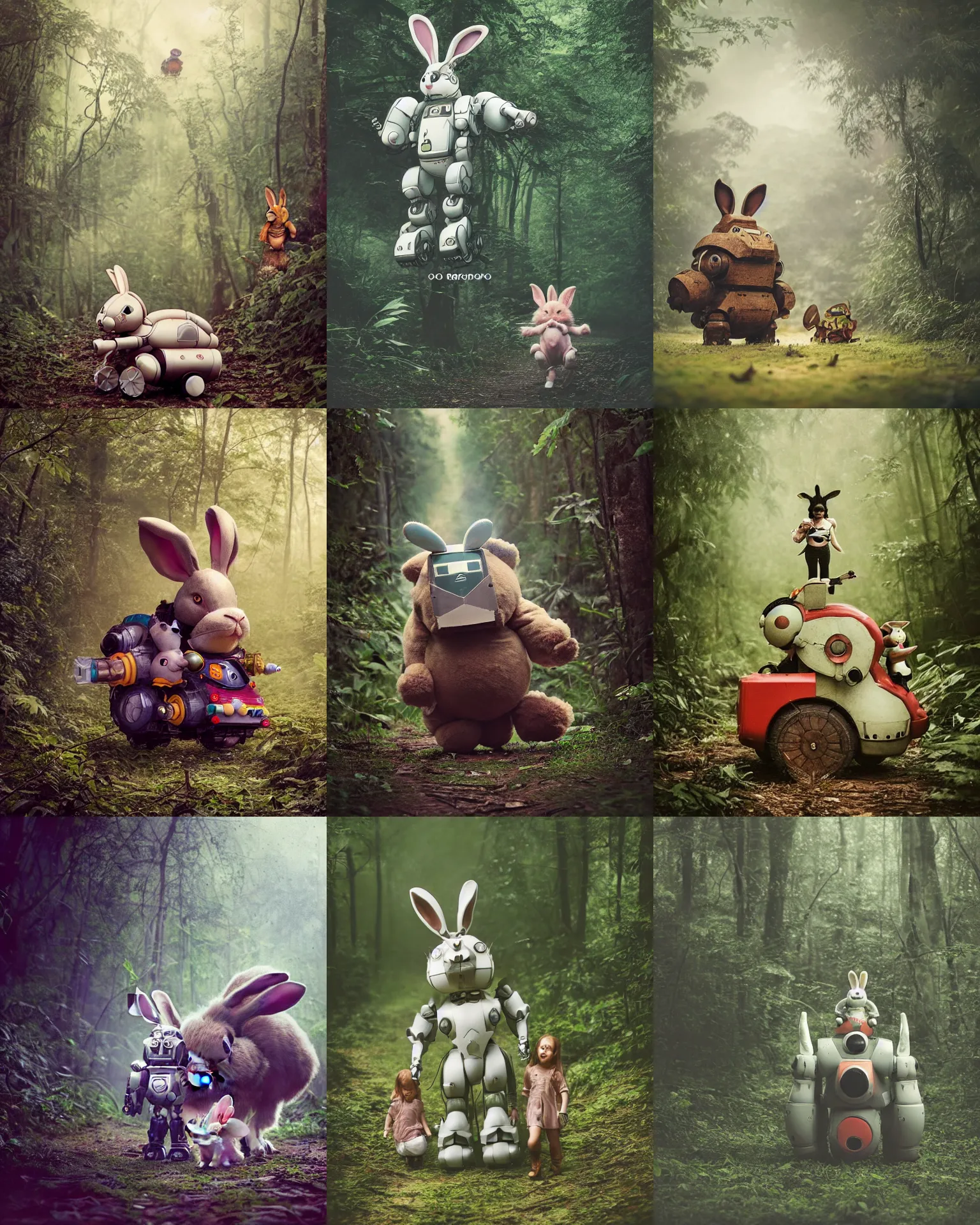 Prompt: epic battle pose !!!giant oversized battle rabbit robot chubby mech baby train cute with big ears and rabbit, on a jungle forest, full body , Cinematic focus, Polaroid photo, vintage , neutral dull colors, soft lights, foggy ,random weather, by oleg oprisco