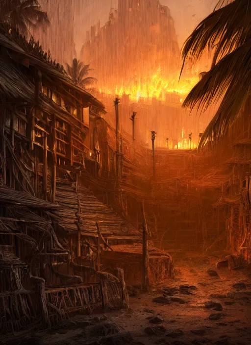 Image similar to wooden palisade wall lit by torches on a tropical island, intricate Details, raphael lacoste, eddie mendoza, alex ross, concept art, matte painting, highly detailed, rule of thirds, dynamic lighting, cinematic, detailed, denoised, centerd, clean render