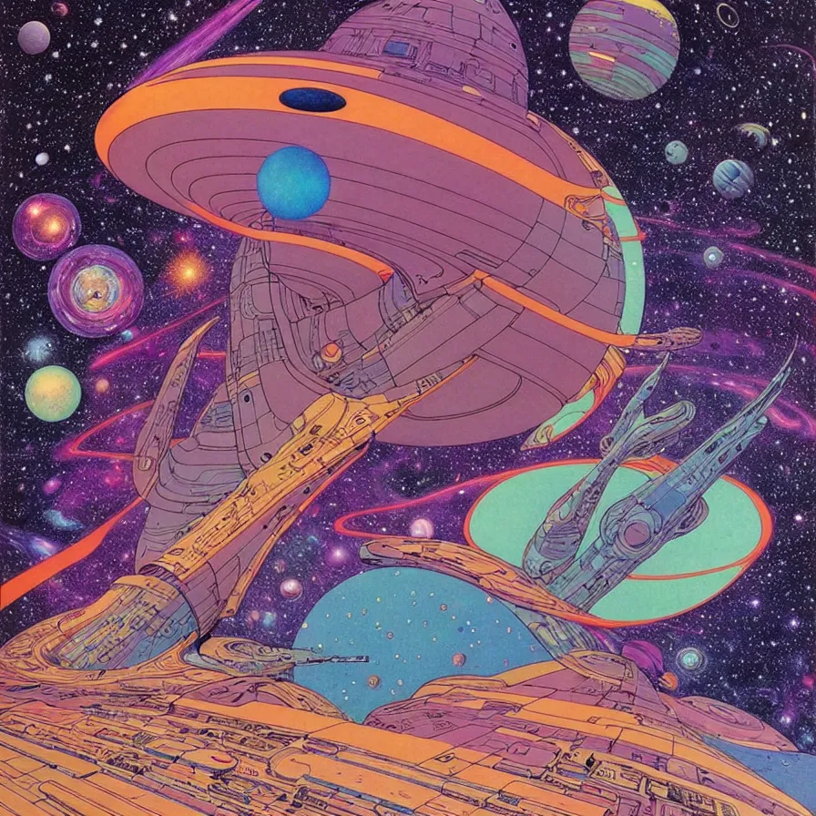 Image similar to ( ( ( ( the dimensional gap at the end of the galaxy and space ship ) ) ) ) by mœbius!!!!!!!!!!!!!!!!!!!!!!!!!!!, overdetailed art, colorful, artistic record jacket design