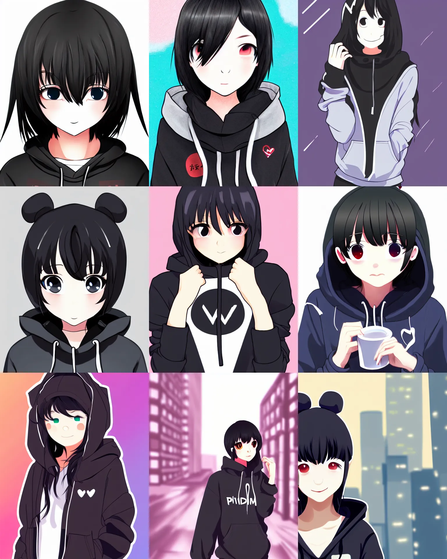 edible-pig164: pretty anime style girl, black hair, blue eyes, city them  background, casual female clothing, digital painting