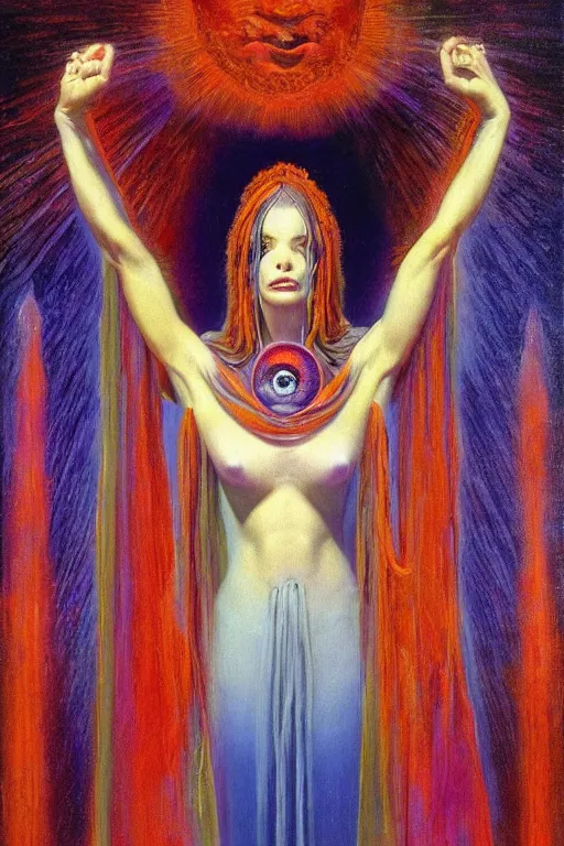 Image similar to gorgeous robed cult girl performing realism third eye ritual, expanding energy into waves into the ethos, epic surrealism 8k oil painting, portrait, depth of field, perspective, high definition, post modernist layering, by Ernst Fuchs, Gerald Brom