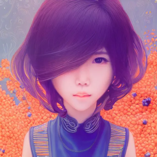 Image similar to the head of an incredibly cute and elegant korean girl partially made of carrots and blueberries looking up, an ultrafine detailed illustration by james jean, final fantasy, intricate linework, bright colors, behance contest winner, vanitas, angular, altermodern, unreal engine 5 highly rendered, global illumination, radiant light, detailed and intricate environment