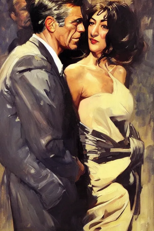 Image similar to jeffrey epstein and ghislaine maxwell, painting by jc leyendecker!! phil hale!, angular, brush strokes, painterly, vintage, crisp